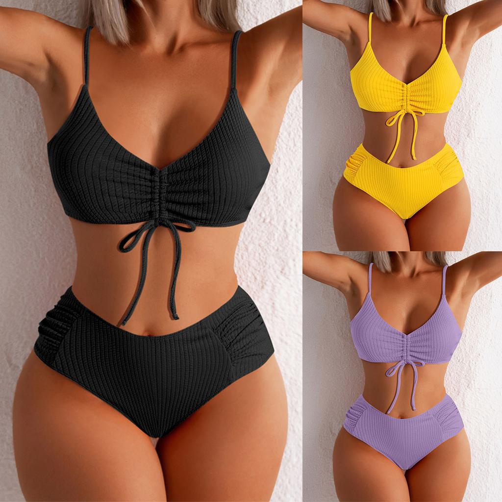 Women's High Waist Drawstring Split Bikini With Chest Pads Without Steel Bra Swimsuit