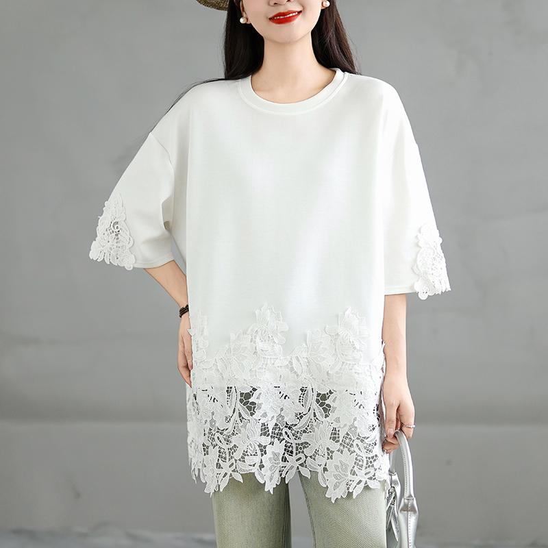 

DIMANAF 2025 Женская новая летняя свободная футболка больших размеров с короткими рукавами из хлопка с винтажным кружевом, топы, однотонные макси One Size белый