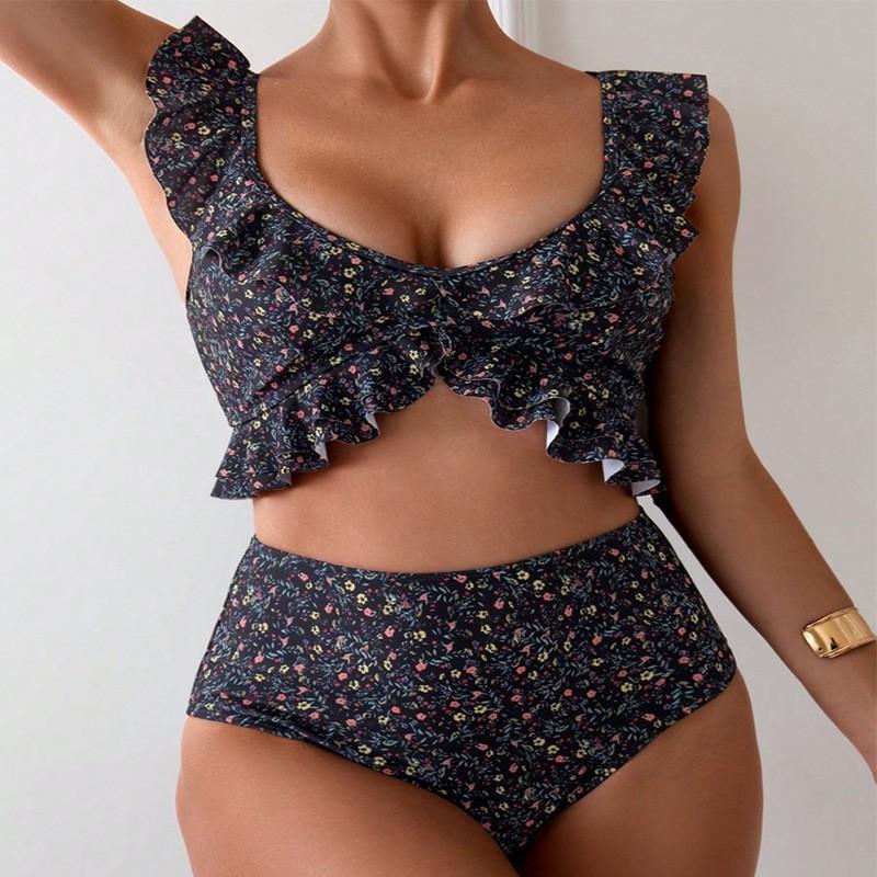 

Floral Ruffle Edge Split Swimsuit Women Fashionable Beach Bikini Hot L