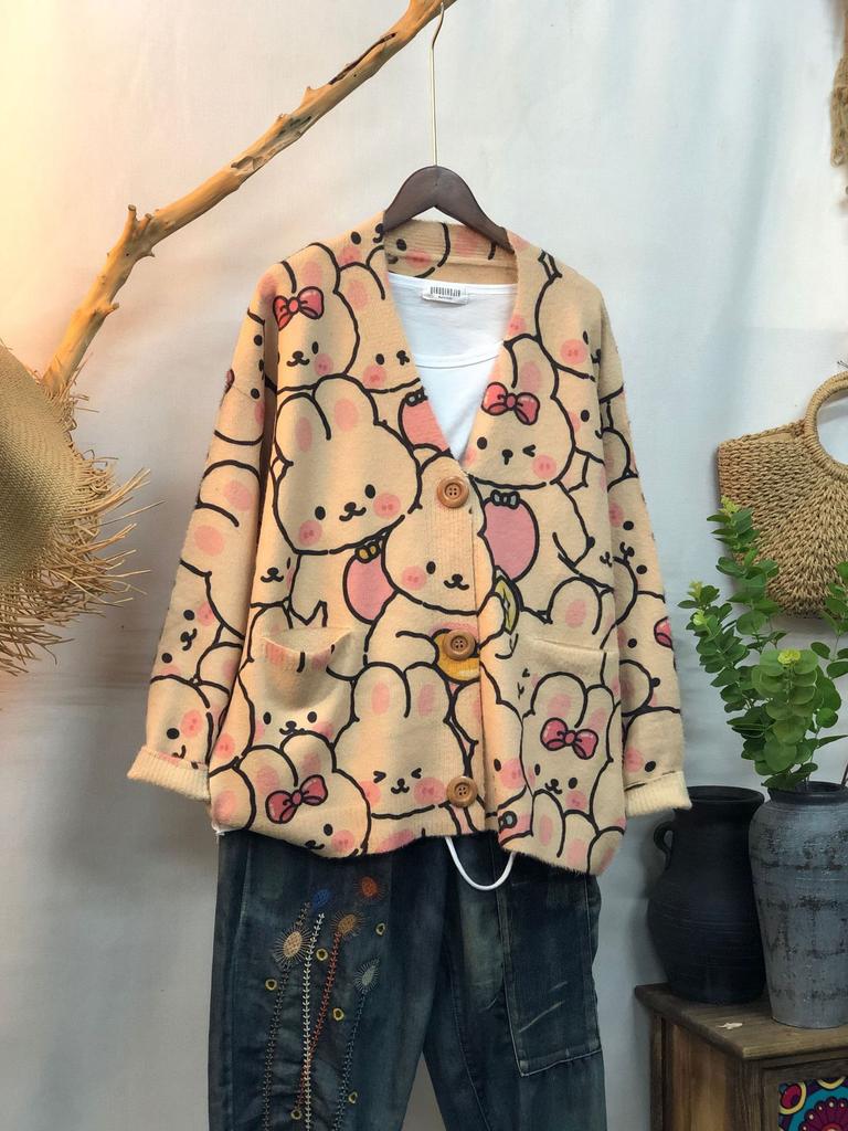 Factory new autumn and winter cute printed imitation mink velvet jacket women's Korean version loose lazy sweater