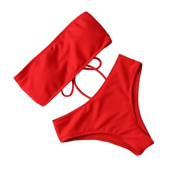 2Pcs/Set Women Bikini Set Bandeau Strapless Swimming Bra High Waist Swimming Briefs Set Beach Pool Bathing Suit