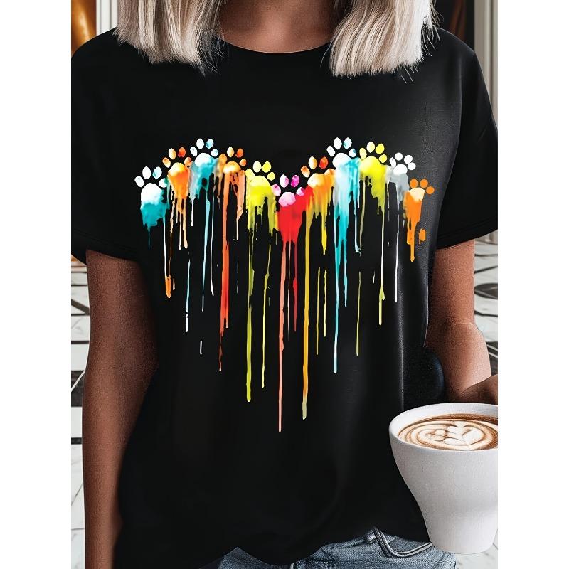 Europäische Größe Damen Freizeit Kurzarm T-Shirt - Schwarzes Herzförmiges Pfotenabdruck Drip Art Muster Rundhals Oberteil, Ganzjahres Komfortable Passform