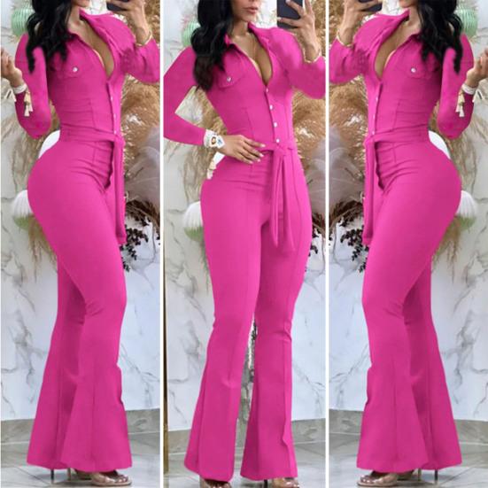 Women Fall Spring Jumpsuit Lapel Half Single-breasted Solid Color Long Sleeve Slim