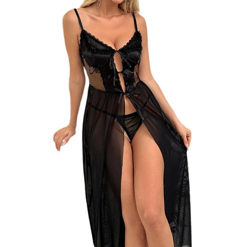 Sex underwear long suspender dress strap bow split fork temptation sexy nightdress suspender