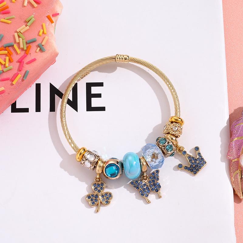 Luxury Crystal Bear Crown Clover Charms Bracelets for Women Girls Lovely Stainless Steel Bangle Accessories Gifts for Friends