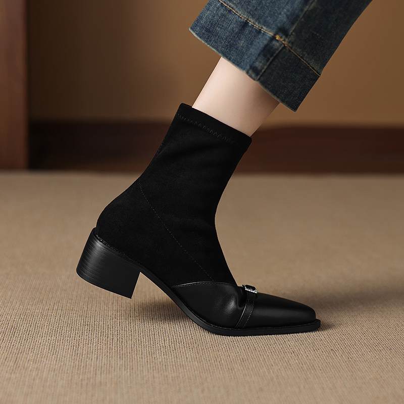 Krazing Po Microfiber Winter Pointed Toe Size 33 Western Boots Size 43 Metal Buckle Thick Heels Elastic Ankle Boots