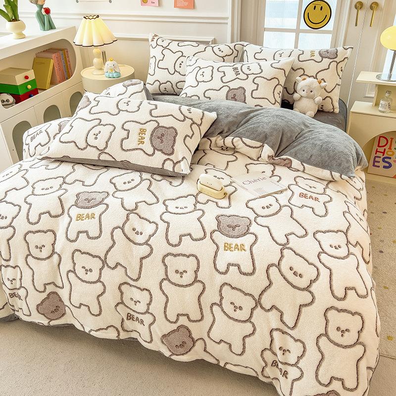 Winter Milk Fleece Bedding Four-piece Set Double-sided Fleece Thickened Sheets Quilt Cover Pillowcase