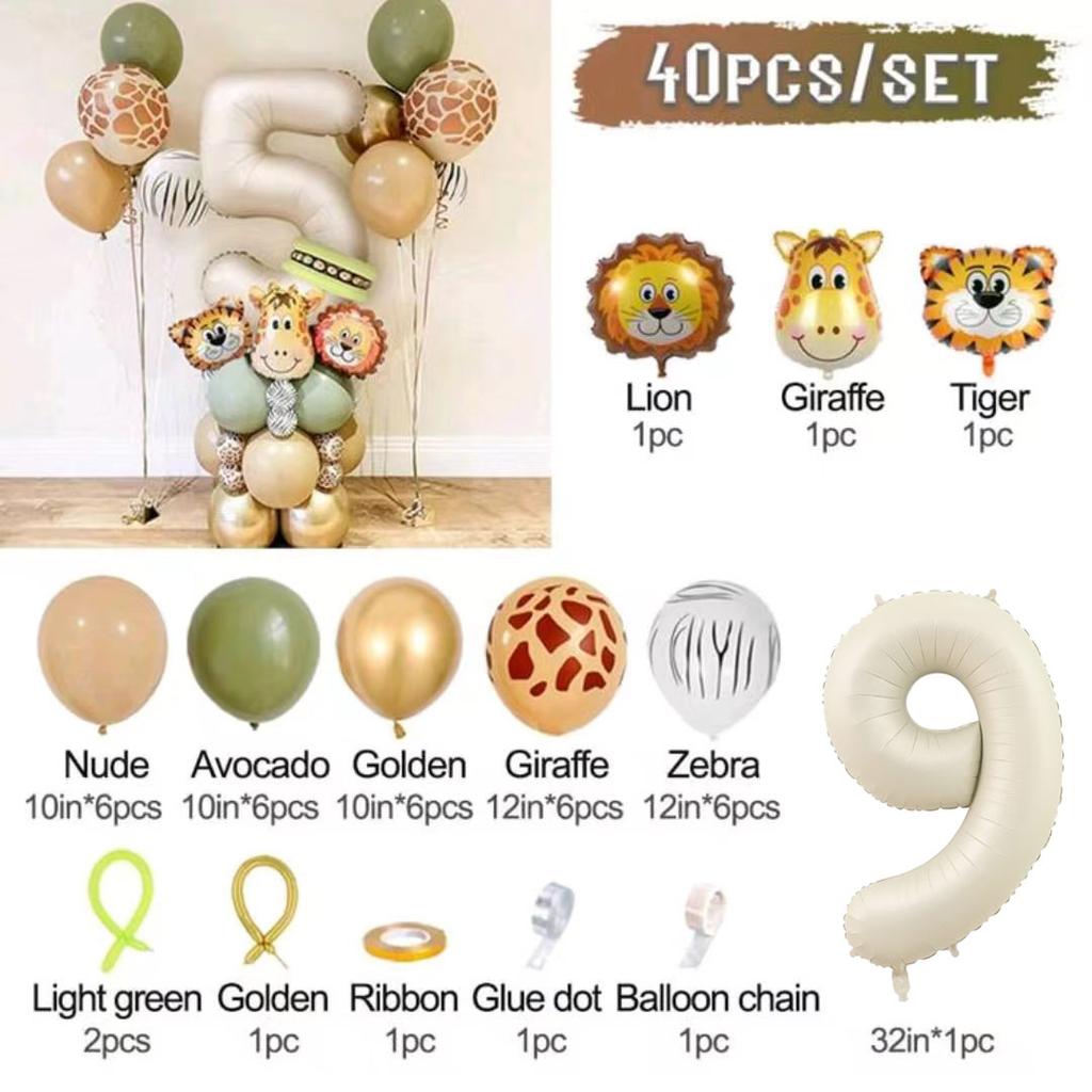 40pcs Jungle Retro Animal Balloon Set Lion Giraffe Balloon 1-9 Birthday Decoration Anniversary Jungle Theme Party Decoration
