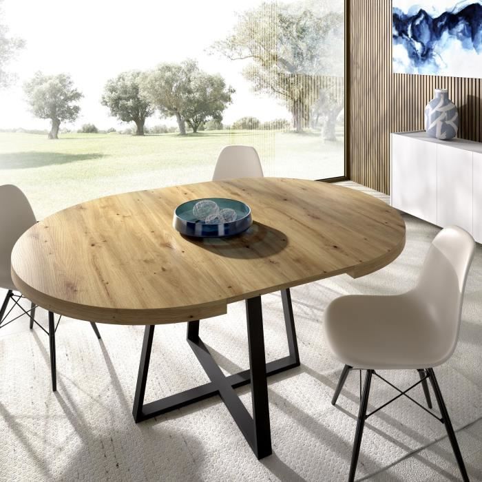 Table ronde extensible DUNA - 4 à 6 personnes - Décor chêne - L110 x P110/152 x H77 cm