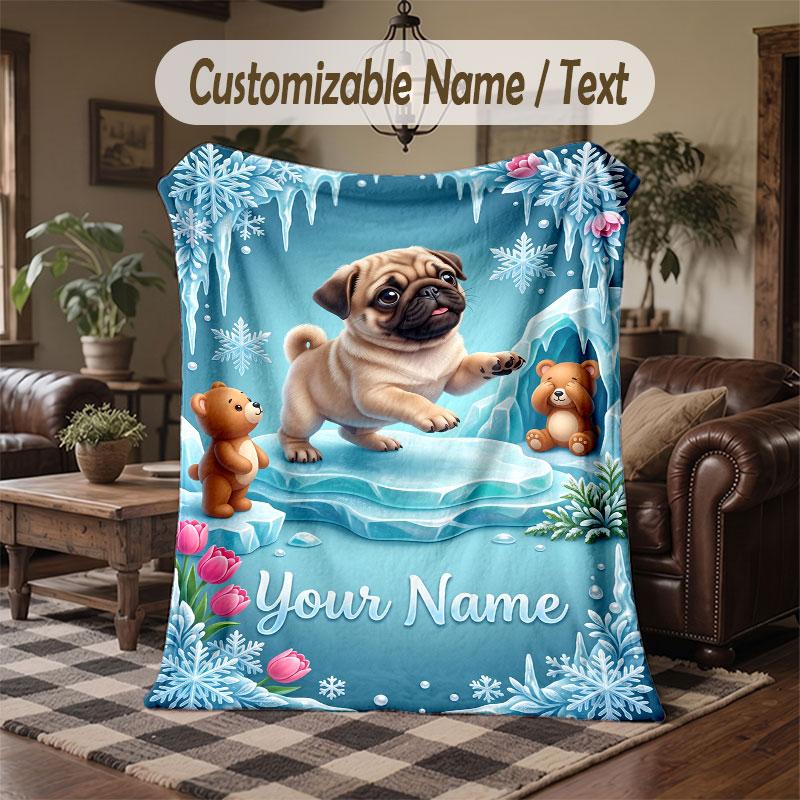 Pug Theme Throw Blanket Custom Name Text Personalized Blanket Soft Cozy Blanket for Home Sofa Bed