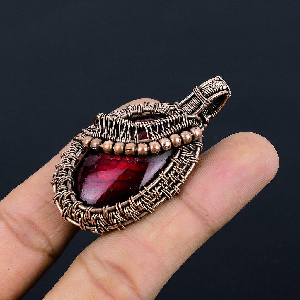 Red Flash Labradorite Pendant, 999 Copper Wire Wrapped Jewelry, Gemstone Jewelry Pendant, Handmade Wedding Gift Jewelry