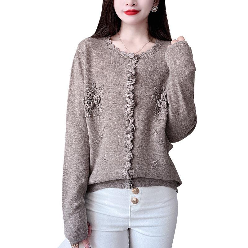 Early Autumn Women's Round Neck Knit Cardigan - Solid Color, Lightweight, Loose Wool Sweater