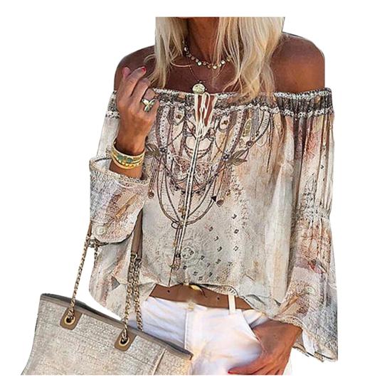 

Жіноча блузка з довгим рукавом і відкритими плечима з квітковим принтом M бежевий