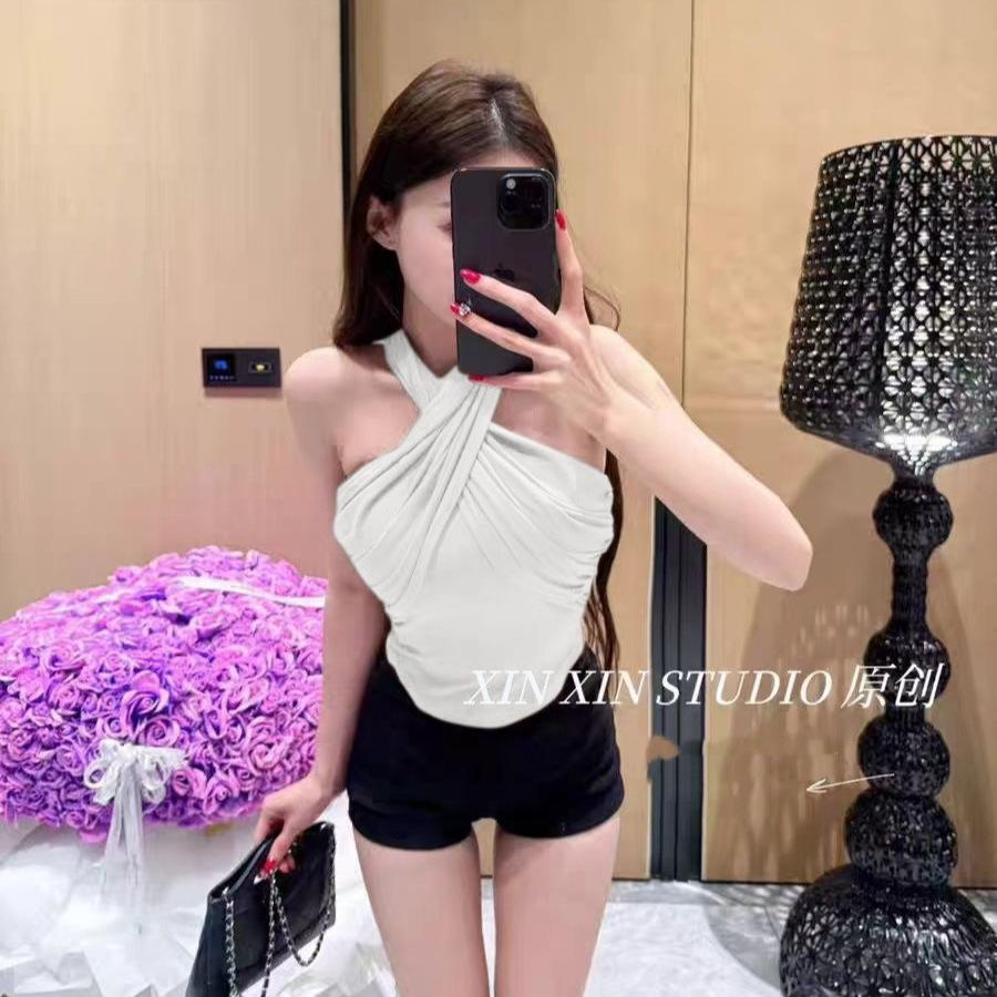 #Summer new pure desire to grind and keep warm cross neck vest slim and thin women's fixed top with chest pad
