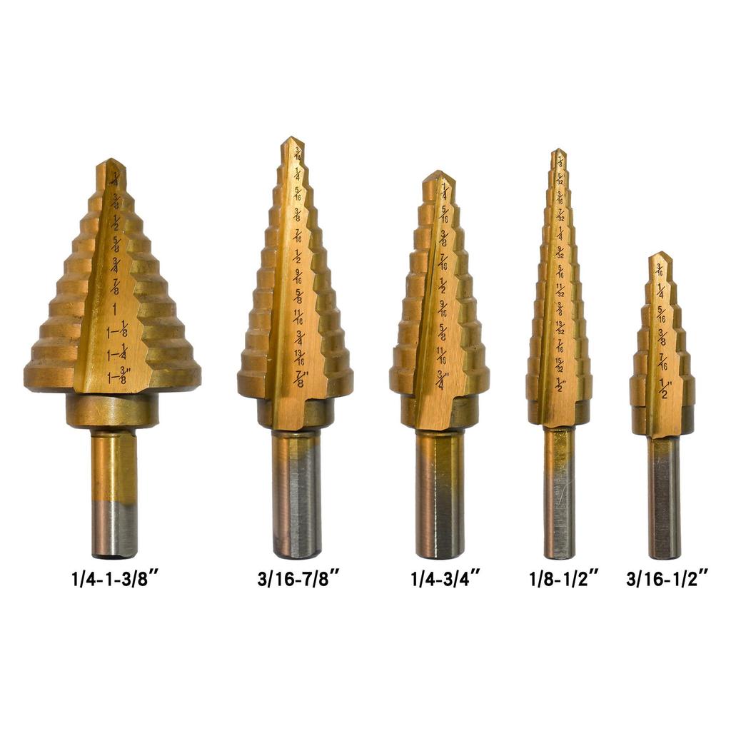 5-Piece Triangular Shank Stepped Drill Bit Set, Yellow Nitrided, Metric & Imperial Sizes, with Straight Flute in Aluminum Box Packaging.
