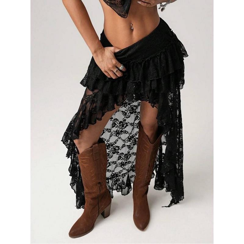 

Summer sexy lace skirt cowgirl style irregular design sense women s skirt independent station XL чорний