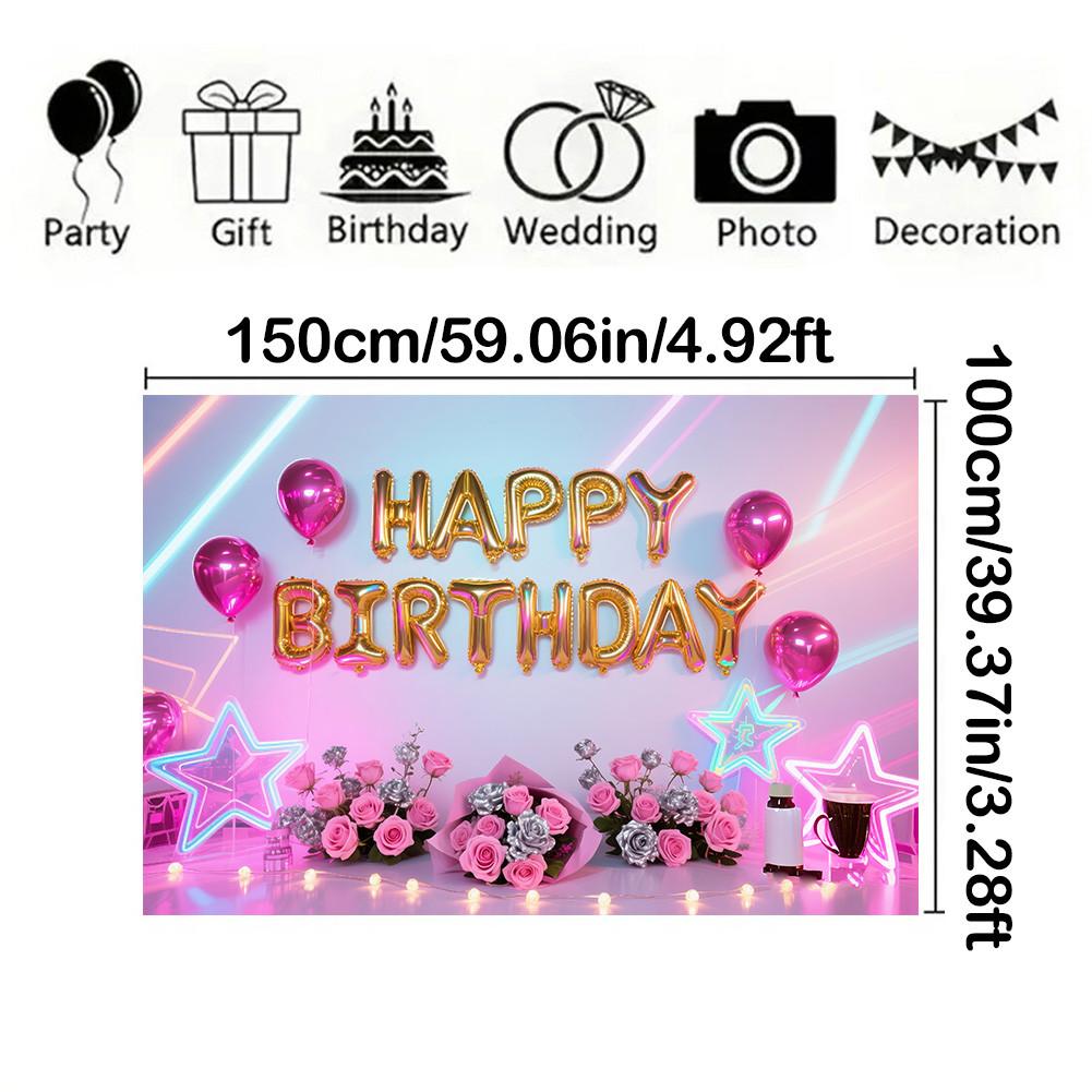 Balloons,Flowers,Stars Theme-Happy Birthday Backdrop Polyester for Photo Booth,Party Event,Indoor/Outdoor Celebrations