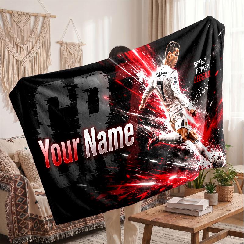 Cristiano Ronaldo Personalized Fleece Blanket With Football Logo, Custom Name Text Soft Warm Home Throw Blanket
