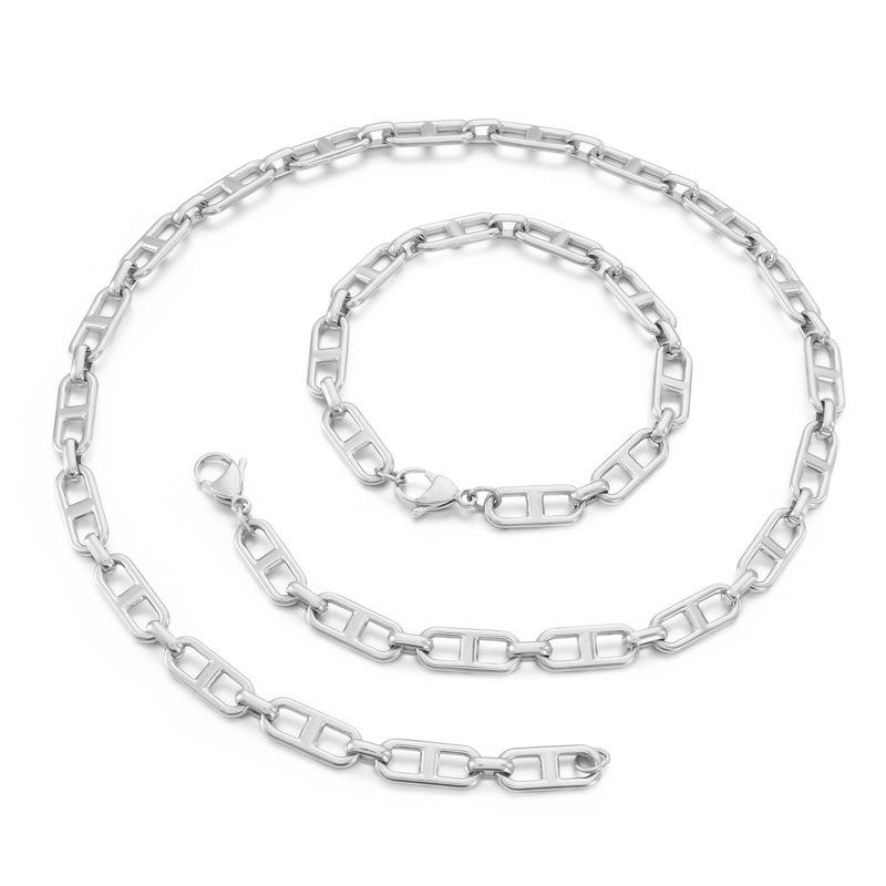 Trendy Stainless Steel Figaro Chain Bracelet & Necklace Set - Simple, Versatile Jewelry Accessory