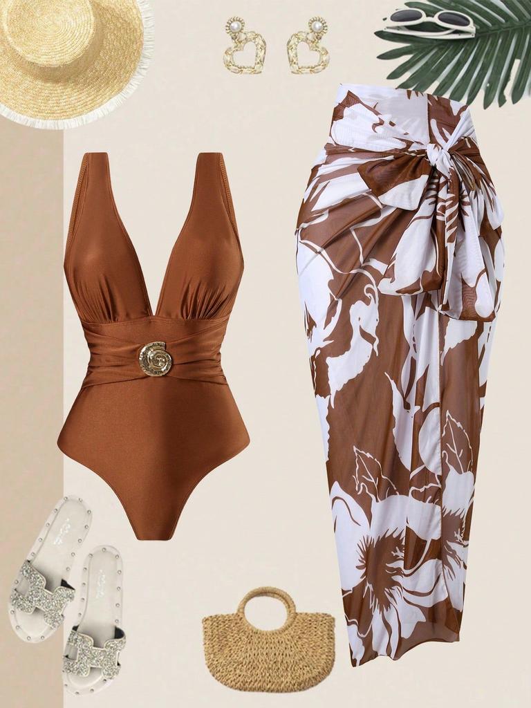 Deep Brown One-Piece Swimsuit with Sheer Wrap Skirt, V-Neck, Bow Detail