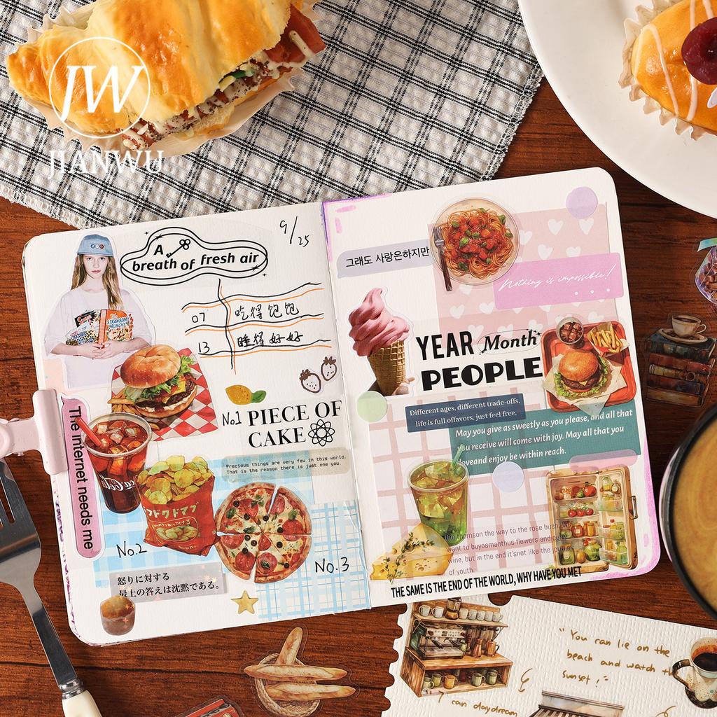 JIANWU Food Research Society Series Vintage Cake Coffee Landscape Material Collage PET Sticker Creative DIY Journal Stationery