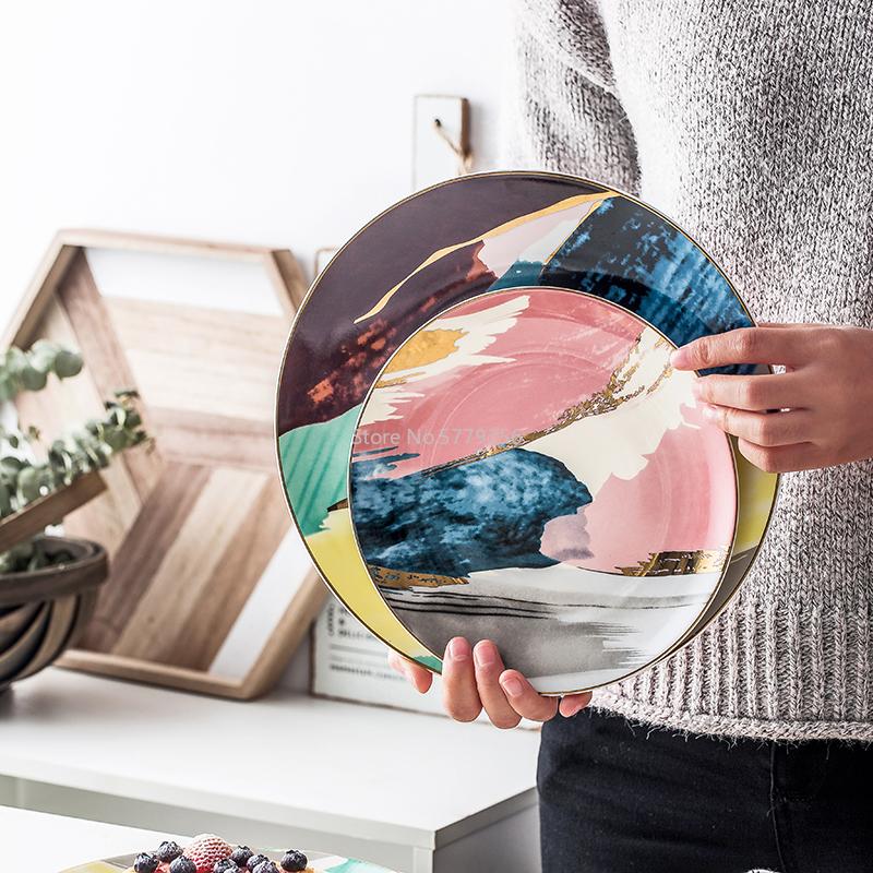 1PCS Dinnerware Painting Gold Inlay Colorful Cloud 8 /10 Inch Ceramic Plate Dinner Porcelain Cake Snack Dessert Plate