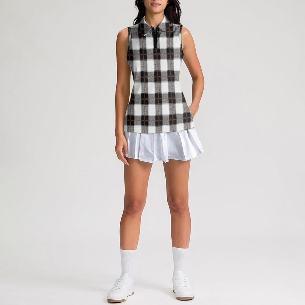 Women Sleeveless Golf Polo Shirt Zip Collar Plaid Print Athletic Tank Top for Sports Outdoor Exercise Casual Wear