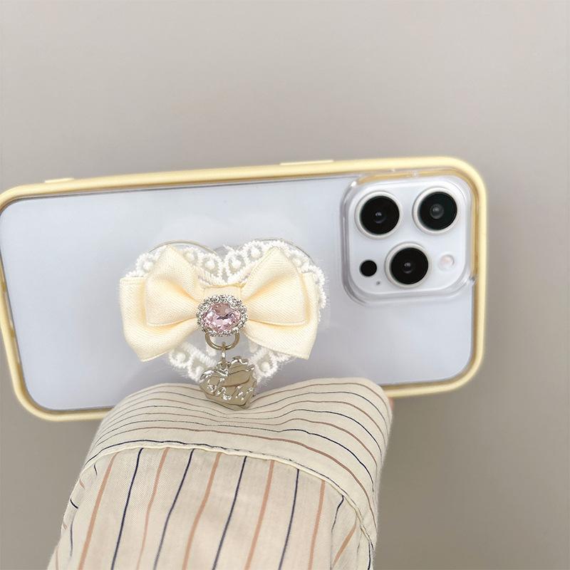 Lace Bow, Rhinestone Love Pendant, Mobile Phone Airbag Bracket, Light Luxury Women'S Model, Paste-Type, Retractable For Watching Dramas