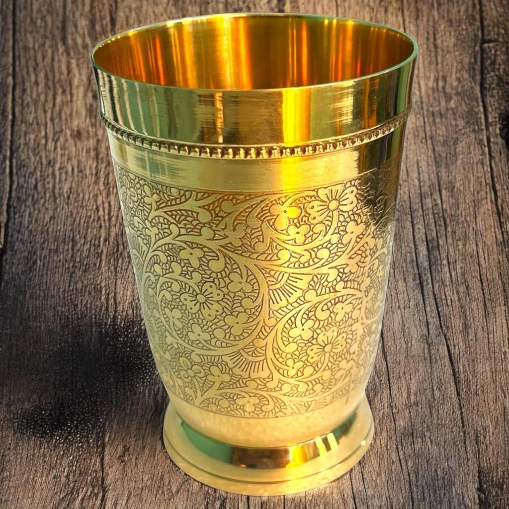 Brass Dining Glass || Drinking Brass Glass || Brass Tumbler with Embosed Design - Capacity 300 ml (Pack of 1 Glass)