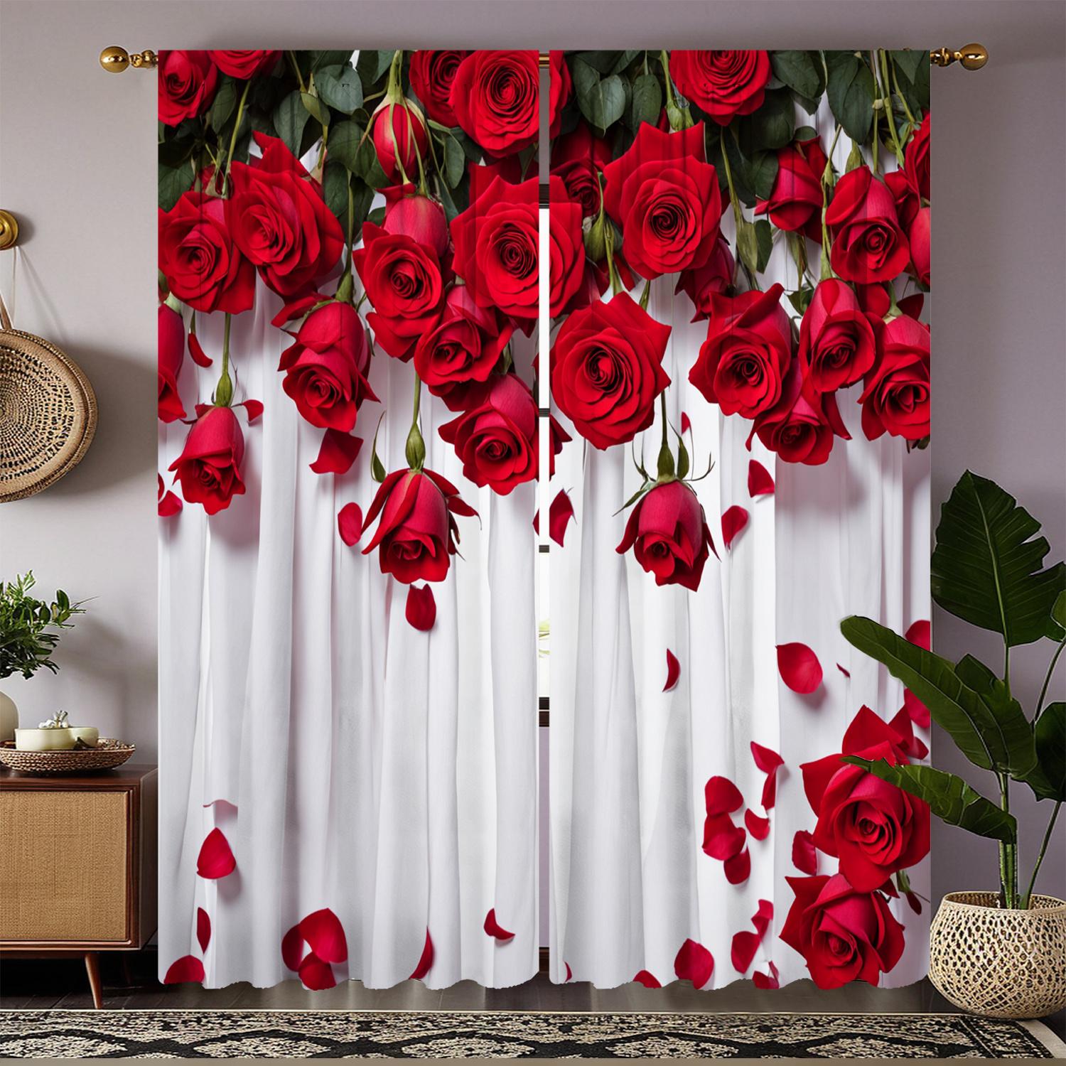 

2 шт. Штори з принтом пелюсток червоної троянди – Романтичний натуральний стиль для декору вітальні, спальні, кабінету Дизайн з кишенею для карниза 100*130 HOOK 1pcs
