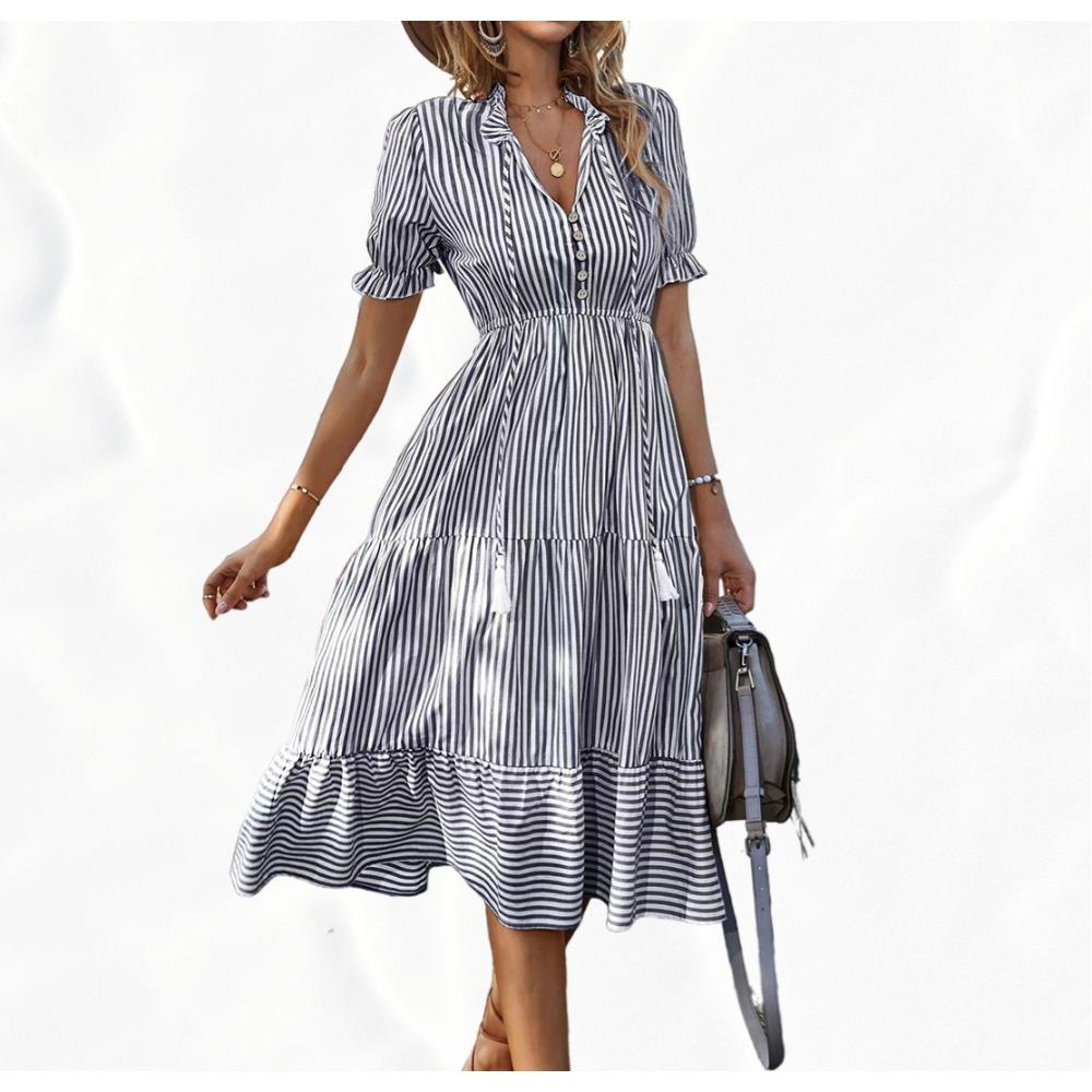 Women's striped dress, V-neck elastic waist, short-sleeved, wide-swing dress