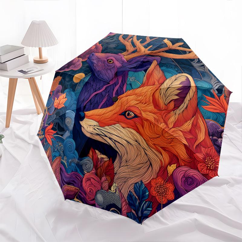 0106 Leaf Fox  Pattern, Automatic Folding Umbrella, Portable and Foldable Design, 8 Ribs, a Christmas or Birthday Gift.
