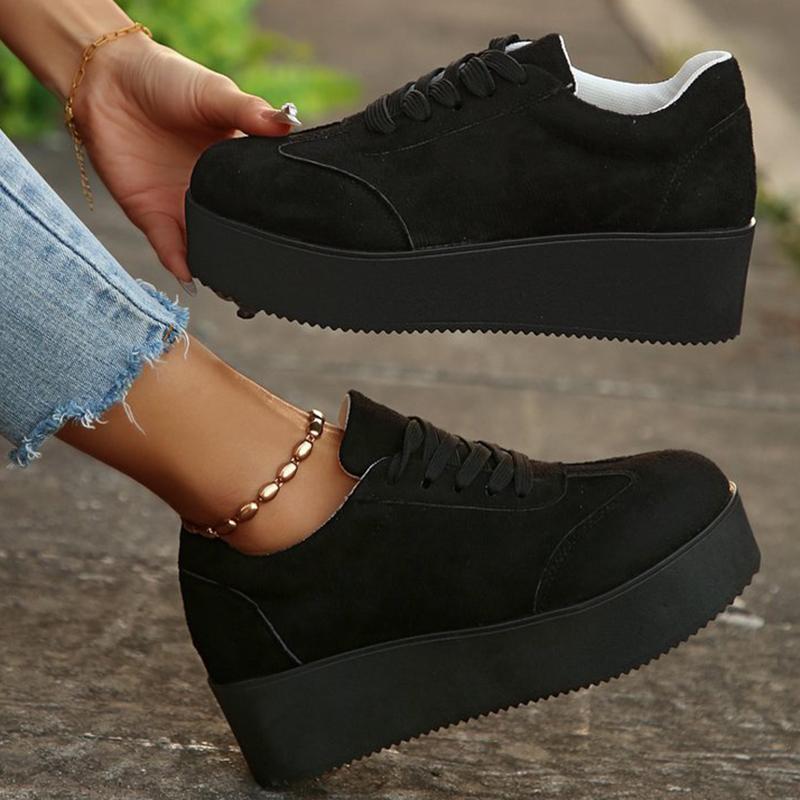 Fashion Plus Size Chunky Heel Sneakers Women Spring Autumn Lace Up Black Sneakers Woman Faux Suede Platform Vulcanize Shoes Female