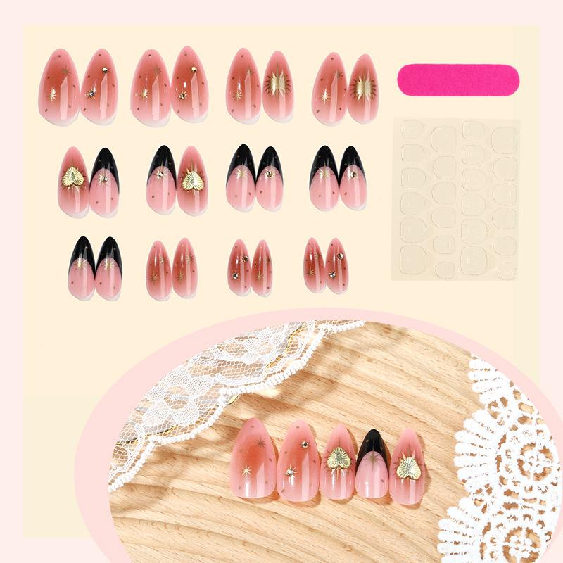 Cross-border wholesale light luxury black gold gradual change sunflower nail art pieces stars shining diamond decoration wear nail fake nails