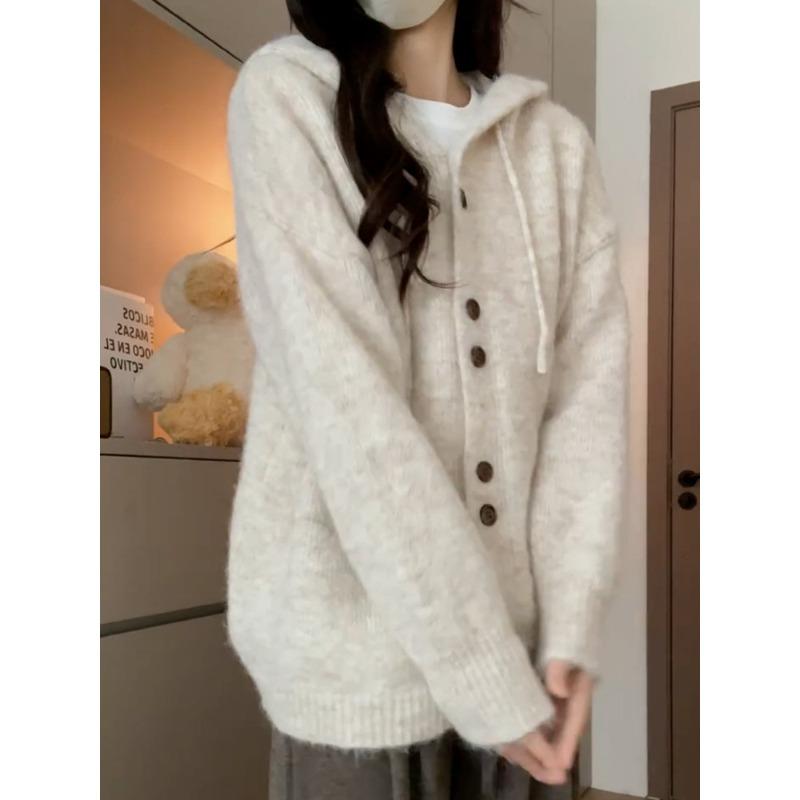Hooded Cardigan Women's Autumn and Winter Soft Waxy Knitted Sweater Unique and Beautiful Age-reducing Long-sleeved Top Single-breasted Jacket