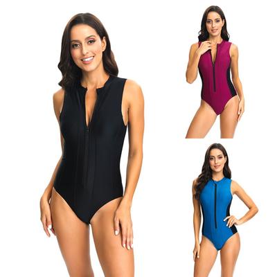 European and American New Sleeveless Zipper  Tight Solid Color Swimsuit Women