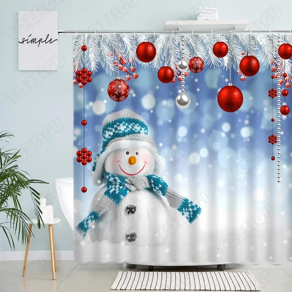 Niedlicher Schneemann Weihnachten Duschvorhänge Rotes Seil mit Kugel Tannenzweig Schnee Geschenk Kreative Weihnachten Neujahr Badezimmer Dekor Duschvorhang