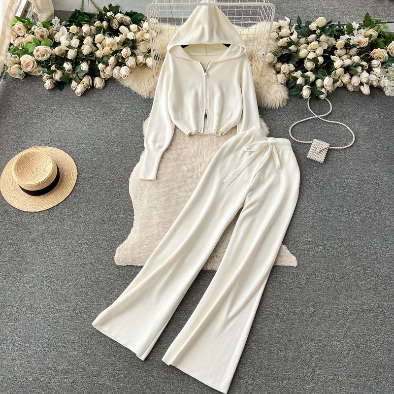 

Sports Hooded Sweater Outwear Shoelace Nipped Waist Knit Sweater White All yards