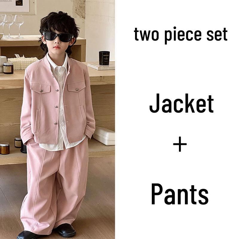 2025 Autumn Pink Casual Boys' Jacket with Stand Collar - Trendy Children's Clothing Set