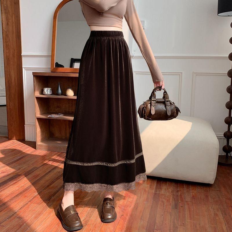 Goldener Samt mit Spitze gespleißter Rock Mittel bis Lang Vintage Elegant Herbst/Winter Vintage Langer Rock Alles Kombinierbar Halbanger Rock