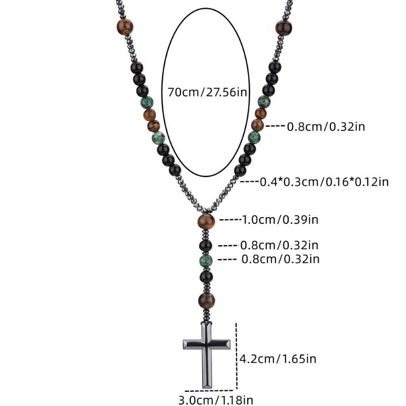 Natural Stone Africa Turquoise And Tiger-Eye Beads Cross Pendant Necklace Rosary For Men And Women