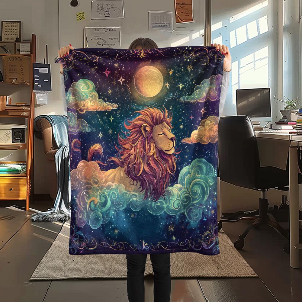 Starry Sky Lion Print Flannel Blanket, High quality Comfortable for All Seasons, Home Decor, Warmth and Comfort