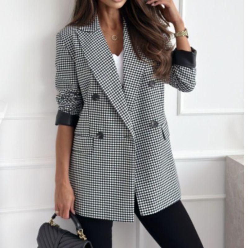 Spring and Autumn New European Fashion Commuter Ol Double Breasted Solid Suit Collar Mid-Length Long Sleeve Suit Outerwear Coat