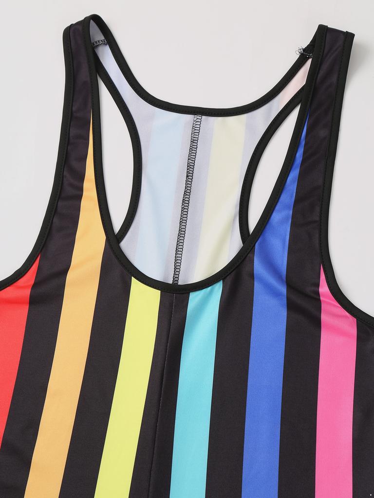 Mens Striped Wrestling Singlet Sleeveless Slim Fit Bodybuilding Gym Sports Bodysuit Romper