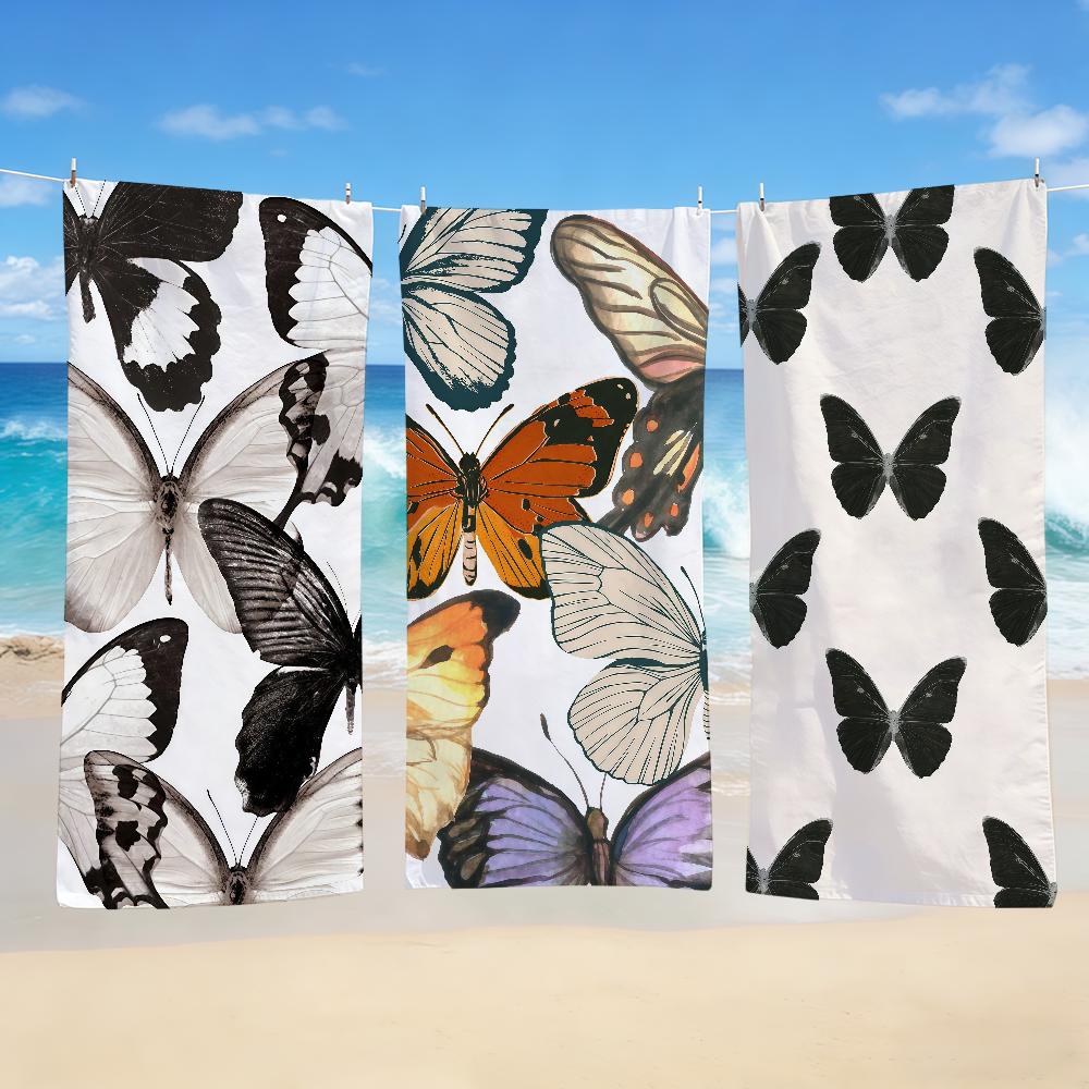 Towel Textile Bathrobe Beach Quick-Drying White Swallowtail Black Lightweight Portable Camping Sequined Butterfly Pool Travel