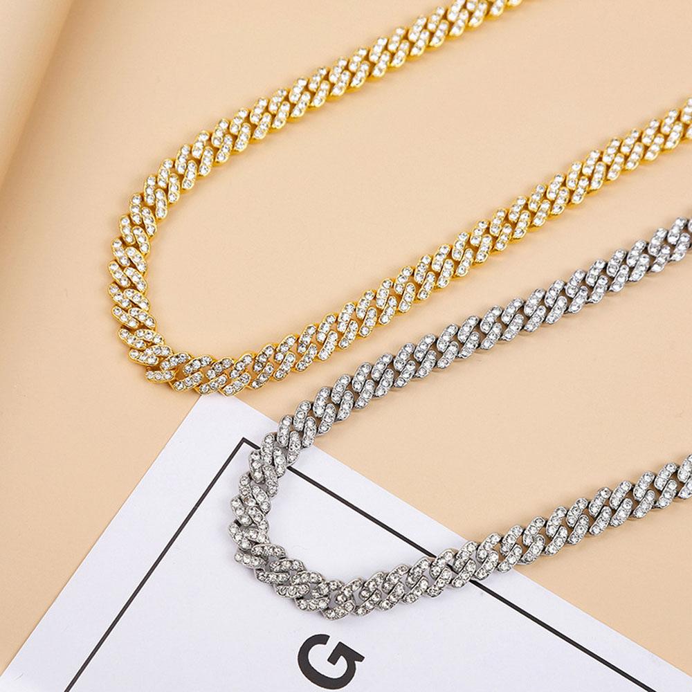 Hip Hop Men Women 9MM Prong Cuban Link Chain Necklace Bling Iced Out 2 Row Rhinestone Paved Miami Rhombus Cuban Necklace Jewelry