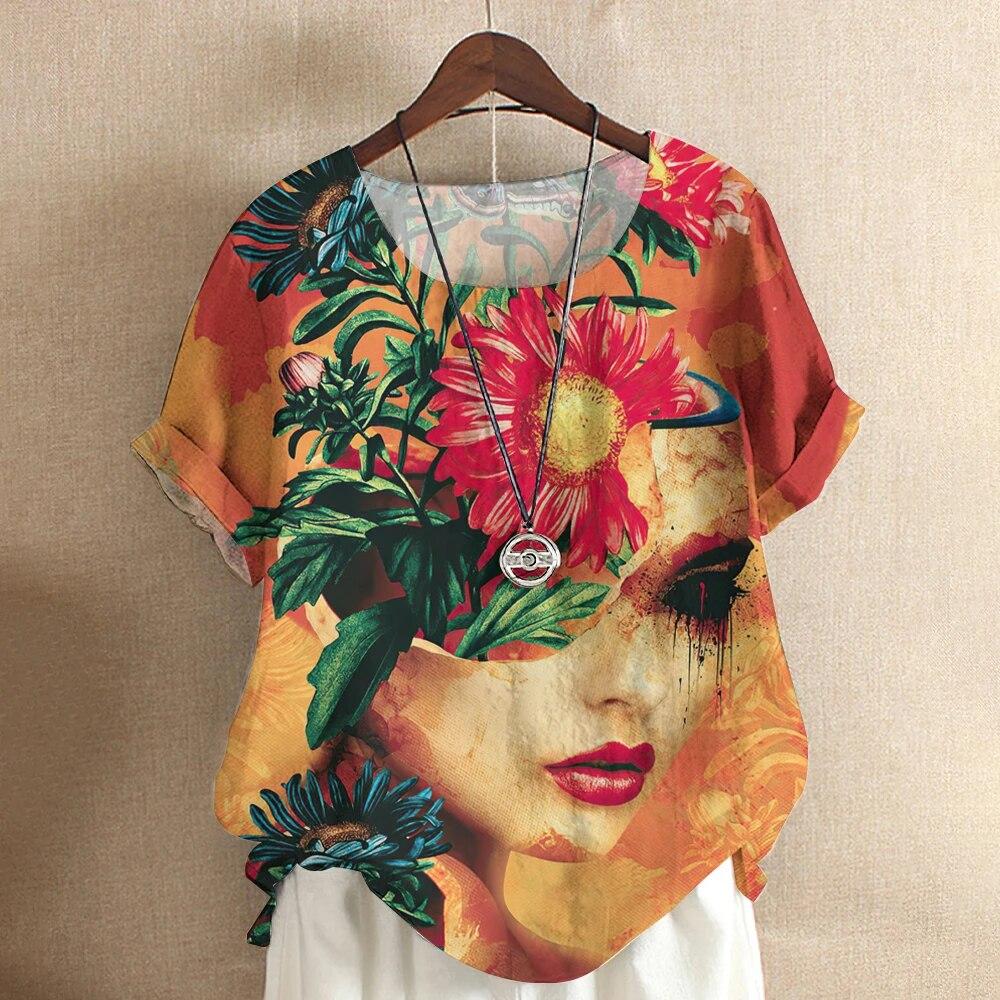 Kunst Ansikt Bluse Dame T-skjorte Mote Kortermet Tees Blomstertrykk Topper O-Hals Kule Jenter Klær Sommer Casual Genser