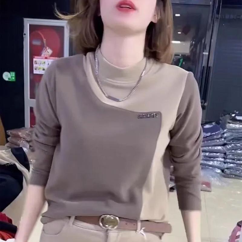 

Plus Size Color Block Long Sleeve Velvet Top - Hong Kong Style Autumn/Winter Women s Layering Shirt XL