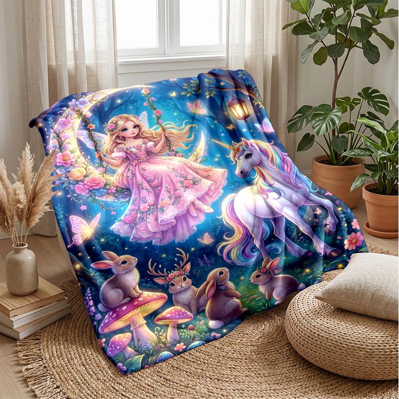 Fairy and Unicorn in Fantasy Forest Theme blanket Lightweight Warm Flannel Blanket Decorative Throw Blanket for Home Decoration