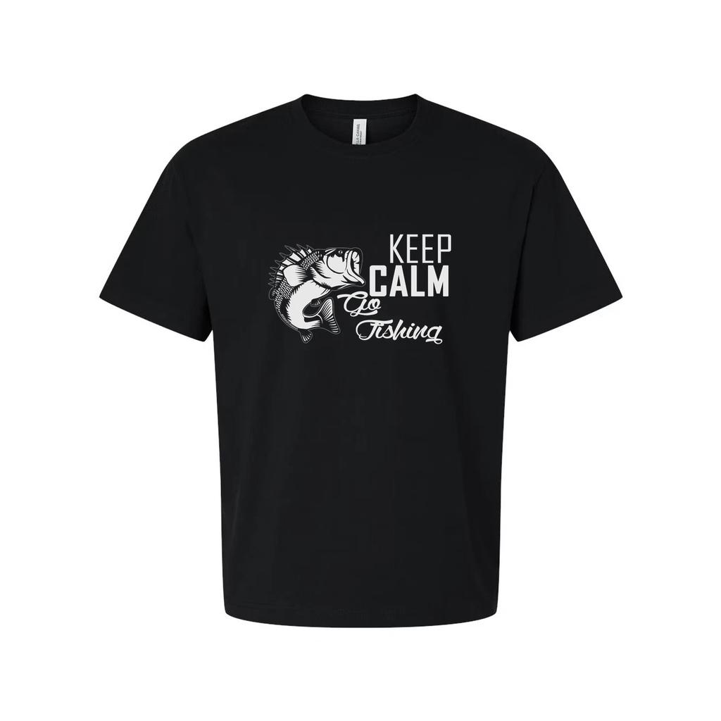 Keep Calm Go Fishing Unisex Graphic T Shirt With Large Fish Illustration Print D